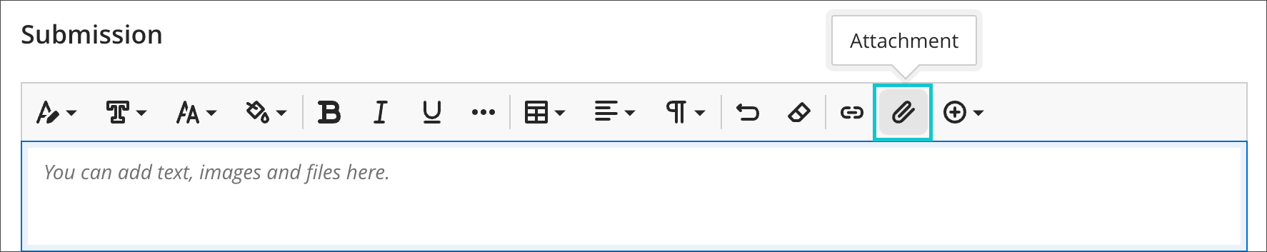 Select the Submission box to display the WYSIWYG text editor and start working on your submission