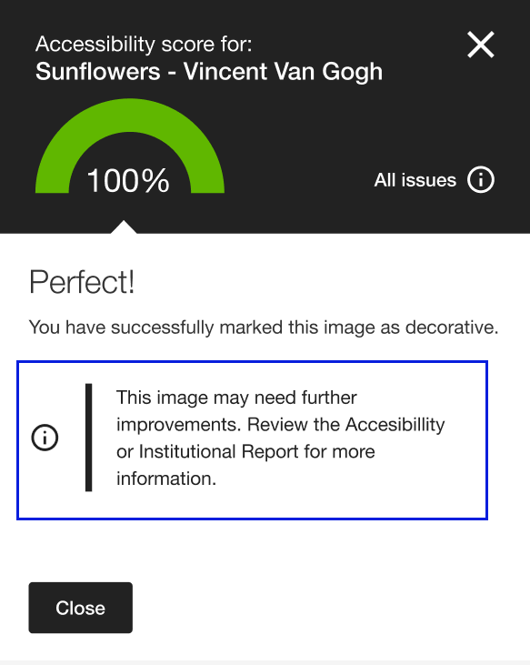 Screenshot of Ally with warning stating the image may need further improvements