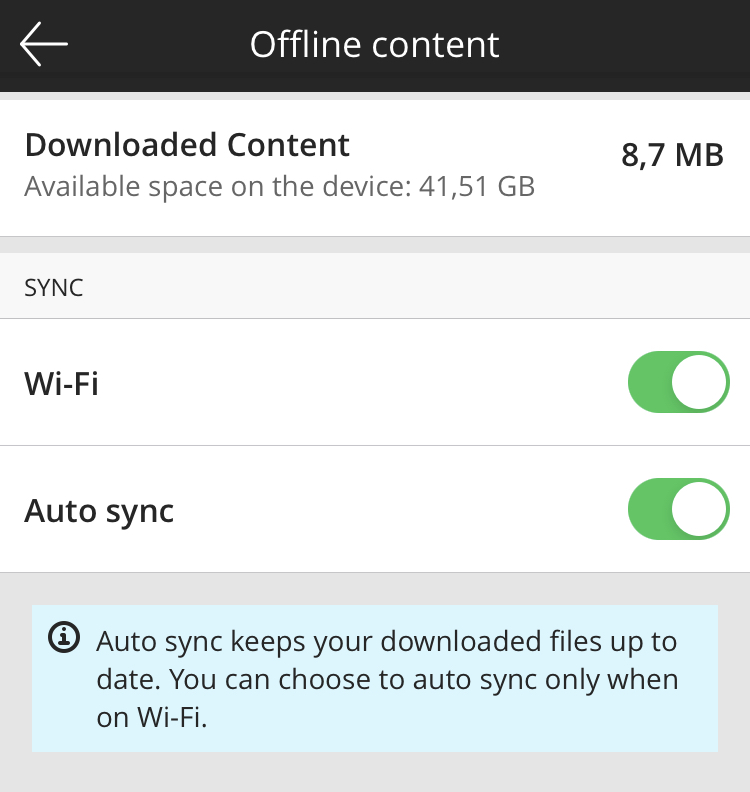Screenshot of Offline content with Auto Sync toggle turned on