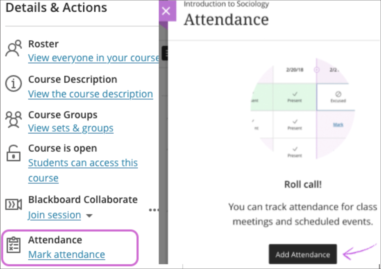An instructor accessing the Attendance tool in Ultra Course View