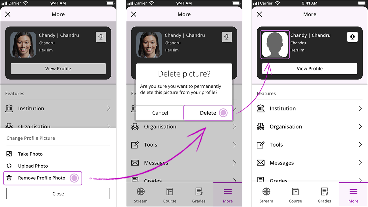 The "More" panel is opened with 1) the profile picture selected, 2) the "Remove Profile Photo" option selected and highlighted, and 3) the "Delete" option selected.