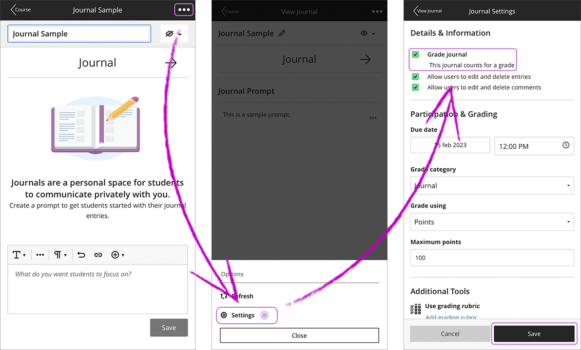 1) A journal is opened with the three dot menu highlighted and selected; 2) the "Settings" option is selected; 3) and the "Grade journal" checkbox selected and highlighted, and the "Save" button highlighted.