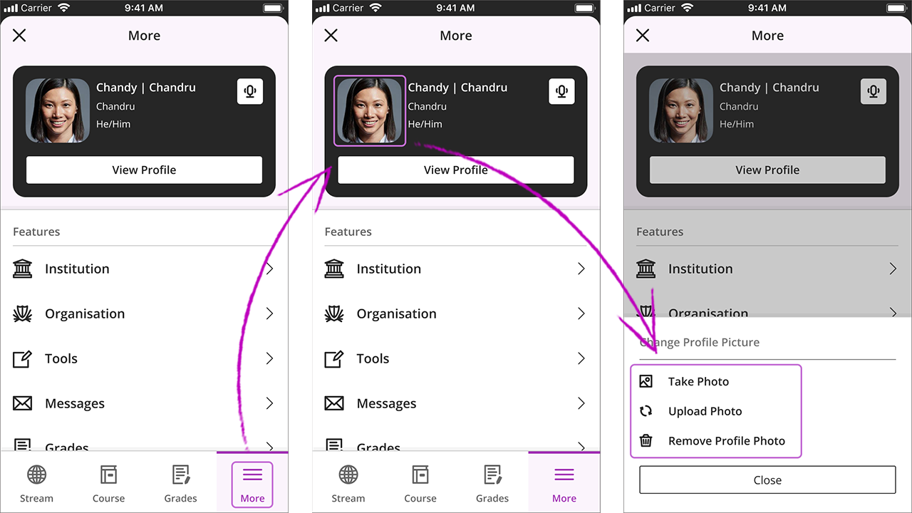1) The "More" option is selected and highlighted; 2) the avatar or profile picture is selected and highlighted; and 3) the "Change Profile Picture" options are displayed and highlighted. The shown options are the following: "Take Photo", "Upload Photo" and "Remove Profile Photo".