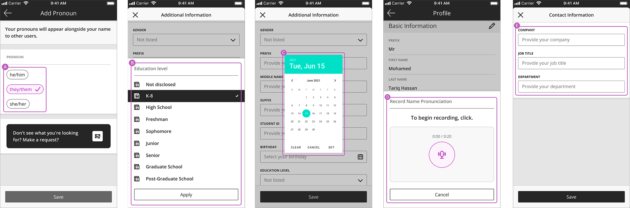The image shows the 5 different type of fields that can be filled in on the profile: A) select an option, B) choose an item from a dropdown list, C) select a date on the calendar, D) record a voice note, or E) provide an open-ended response in a text field.