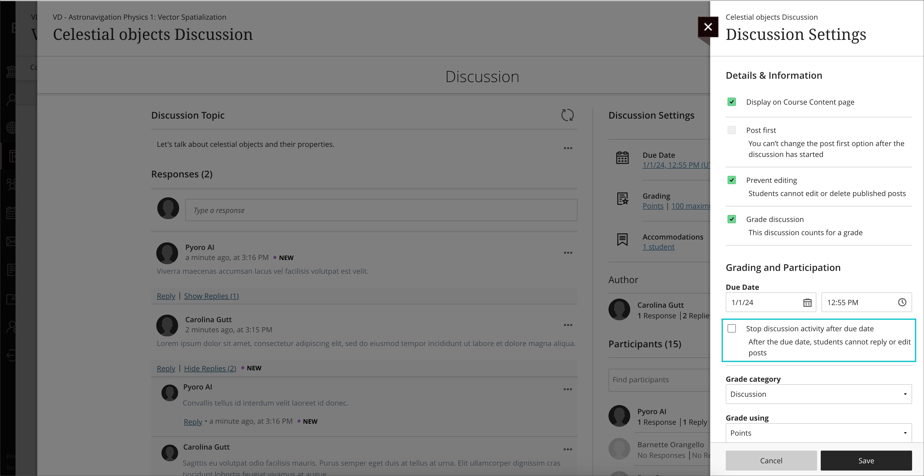 Instructor view - Deactivate Post Activity in the Discussion Settings panel
