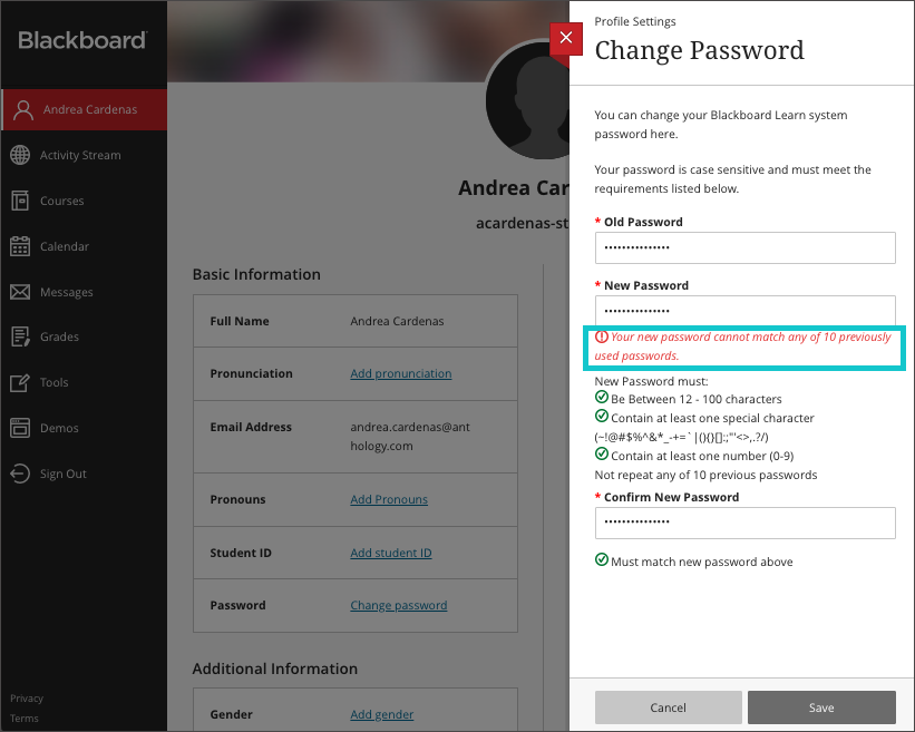 A user is informed that previous passwords may not be reused