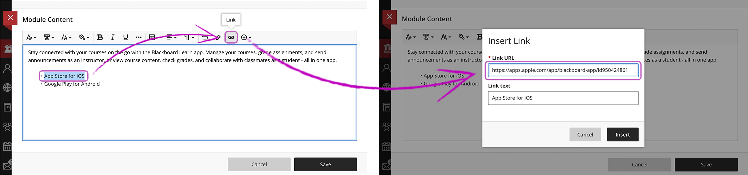 The "Module Content" editor is displayed with 1) the "App Store for iOS" text highlighted, 2) the "Link" button selected and highlighted, 3) the "Insert/Edit Link" window opened, 4) and the "Link URL" space filled in and highlighted.