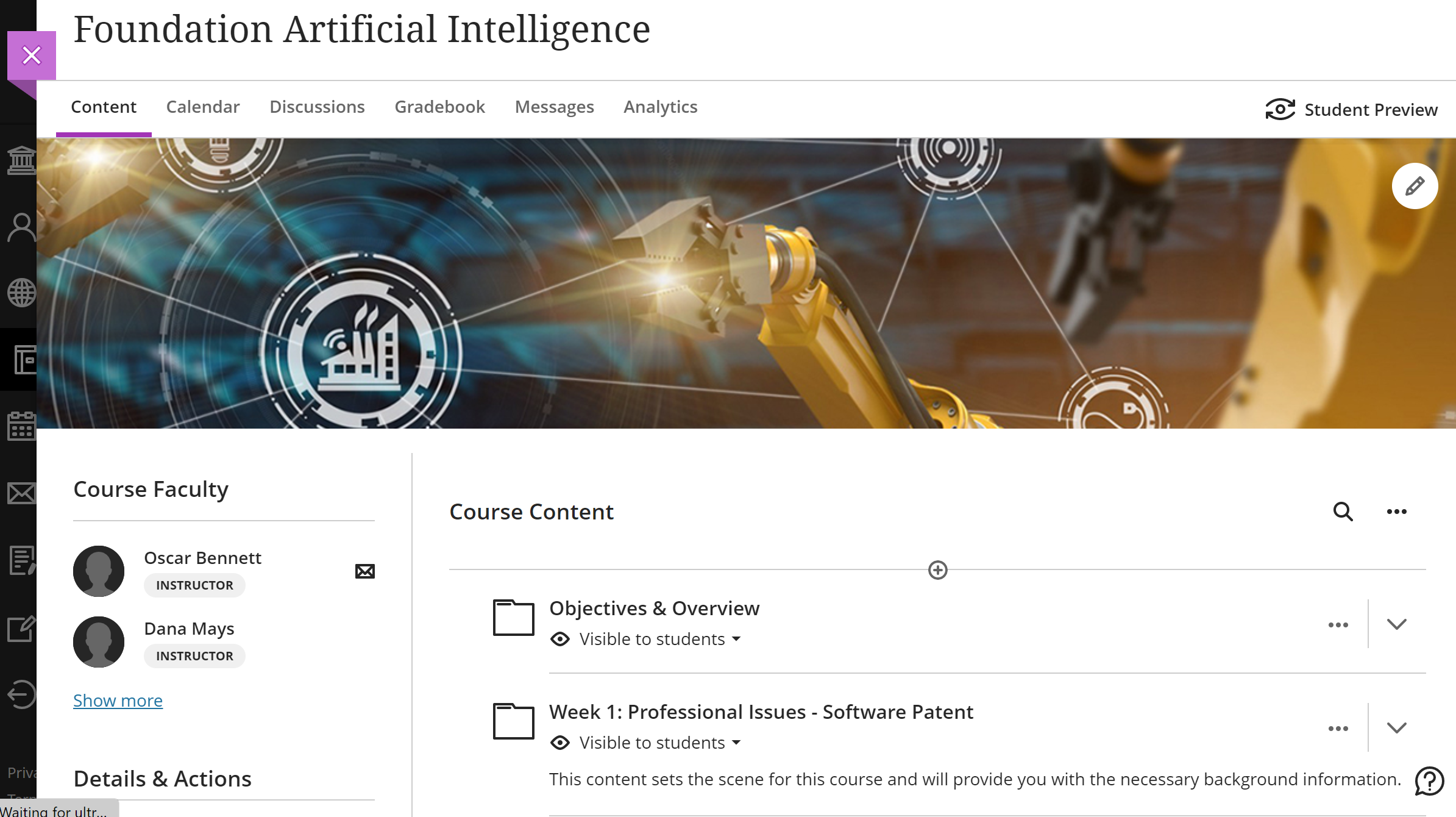 View of ultra course content page
