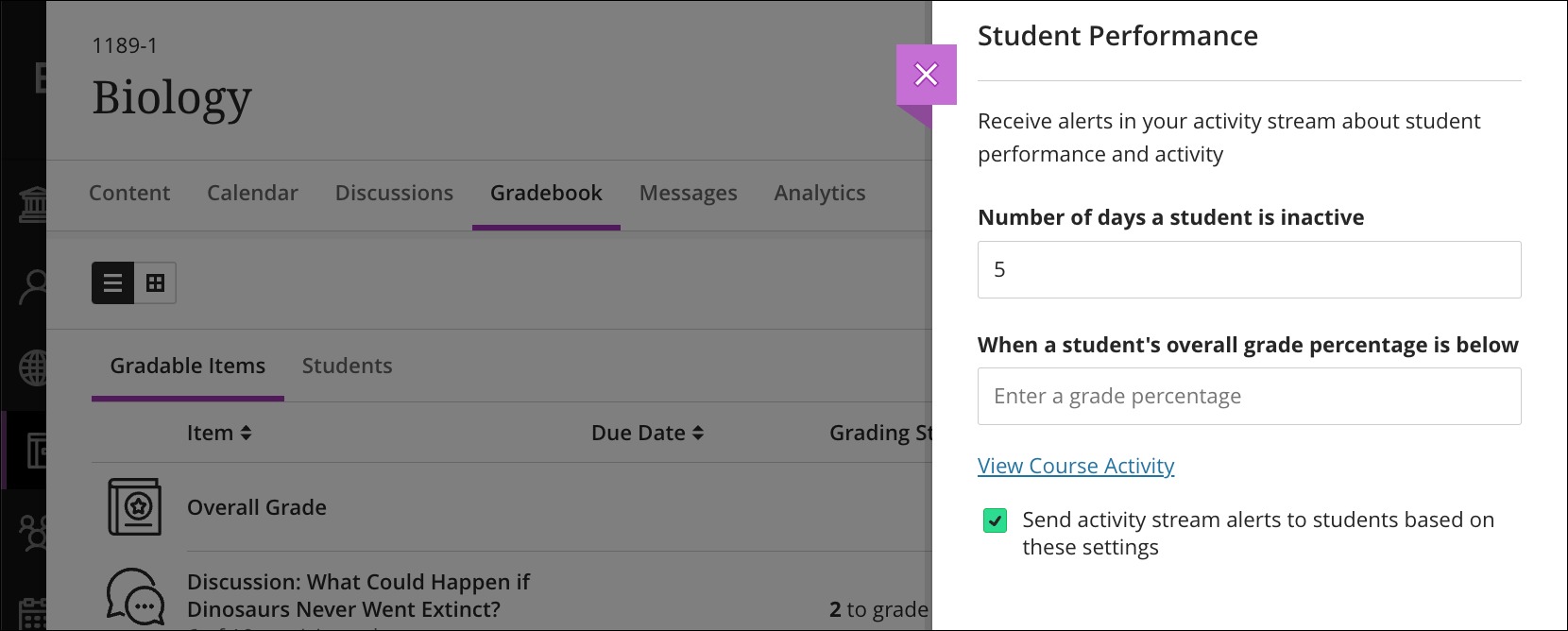 Image of the Performance Alerts section of the Gradebook settings, showing the option to change number of days of inactivity and overall grade percentage.