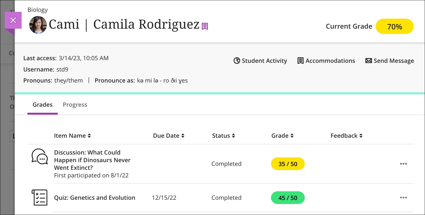Image of the Student Overview Page, showing additional student information and a tab for Grades and Progress