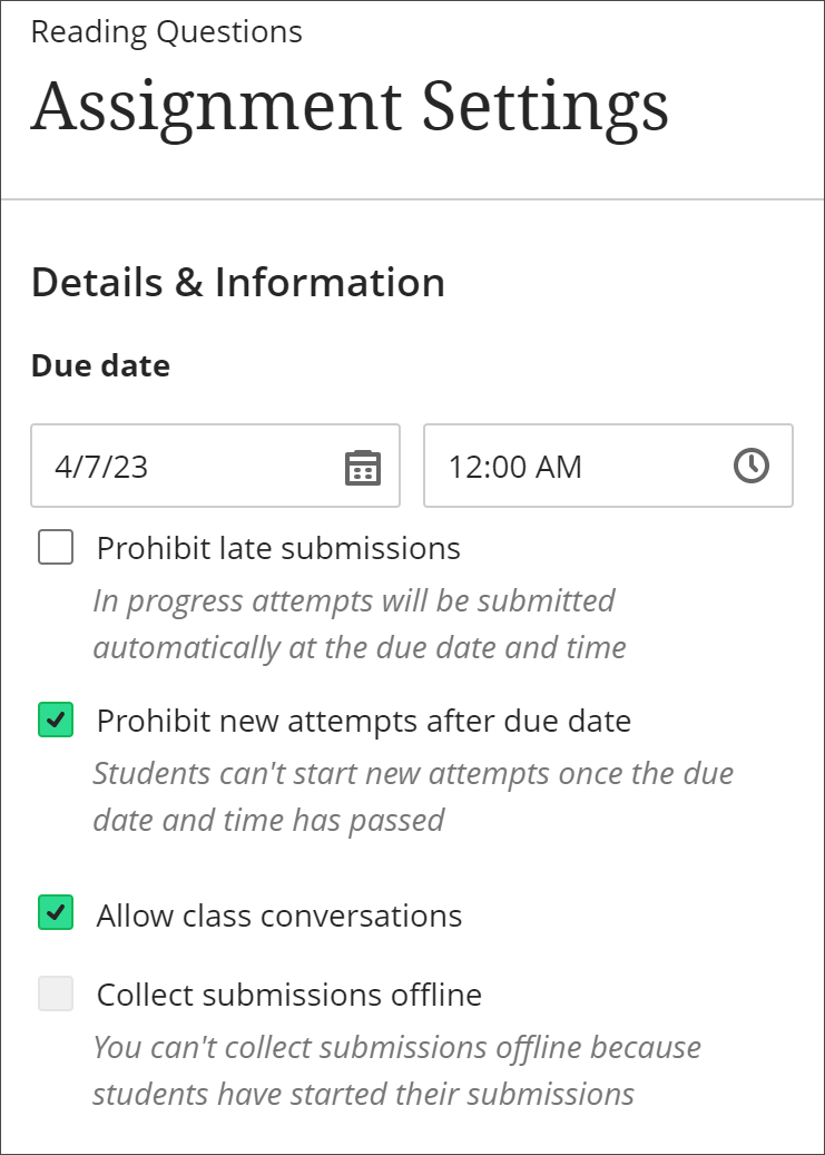 Image of Details & Information section of Assignment Settings panel