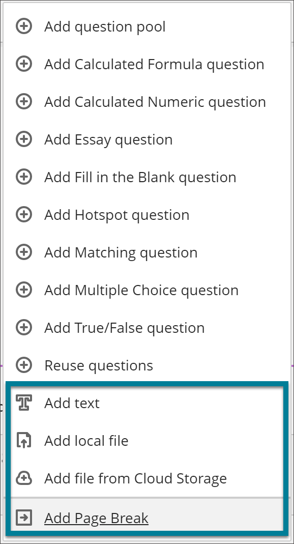Image of menu to add assignment content with box around non-question options