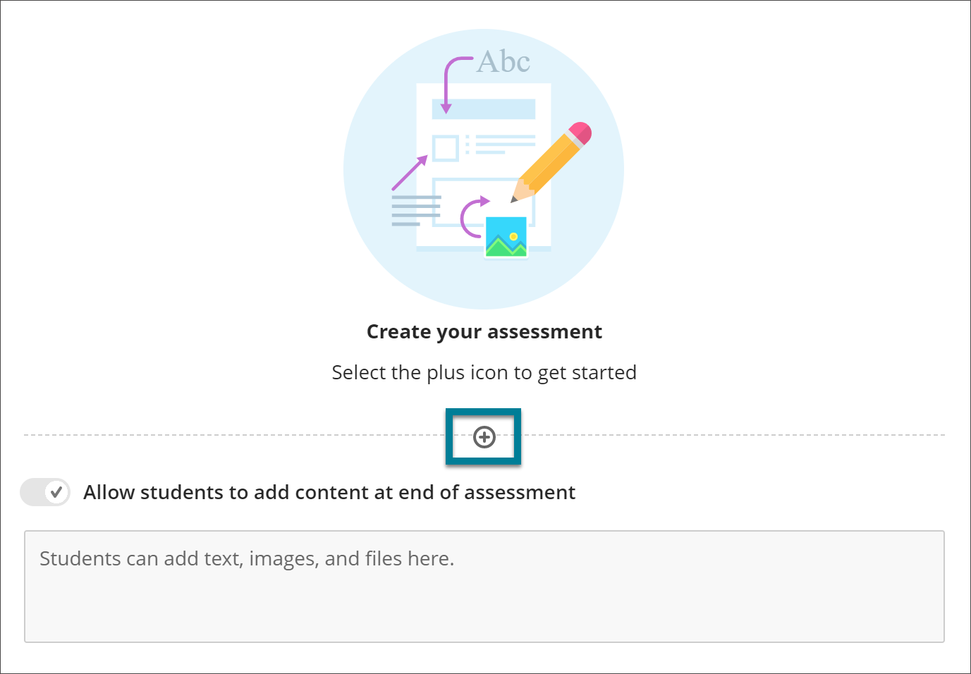 Image of component to create assignment content with box drawn around plus sign button