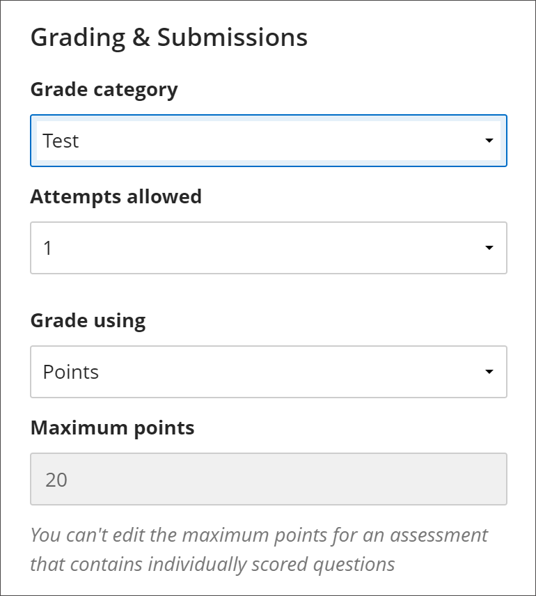 Image of top half of Grading & Submissions section of Test Settings panel