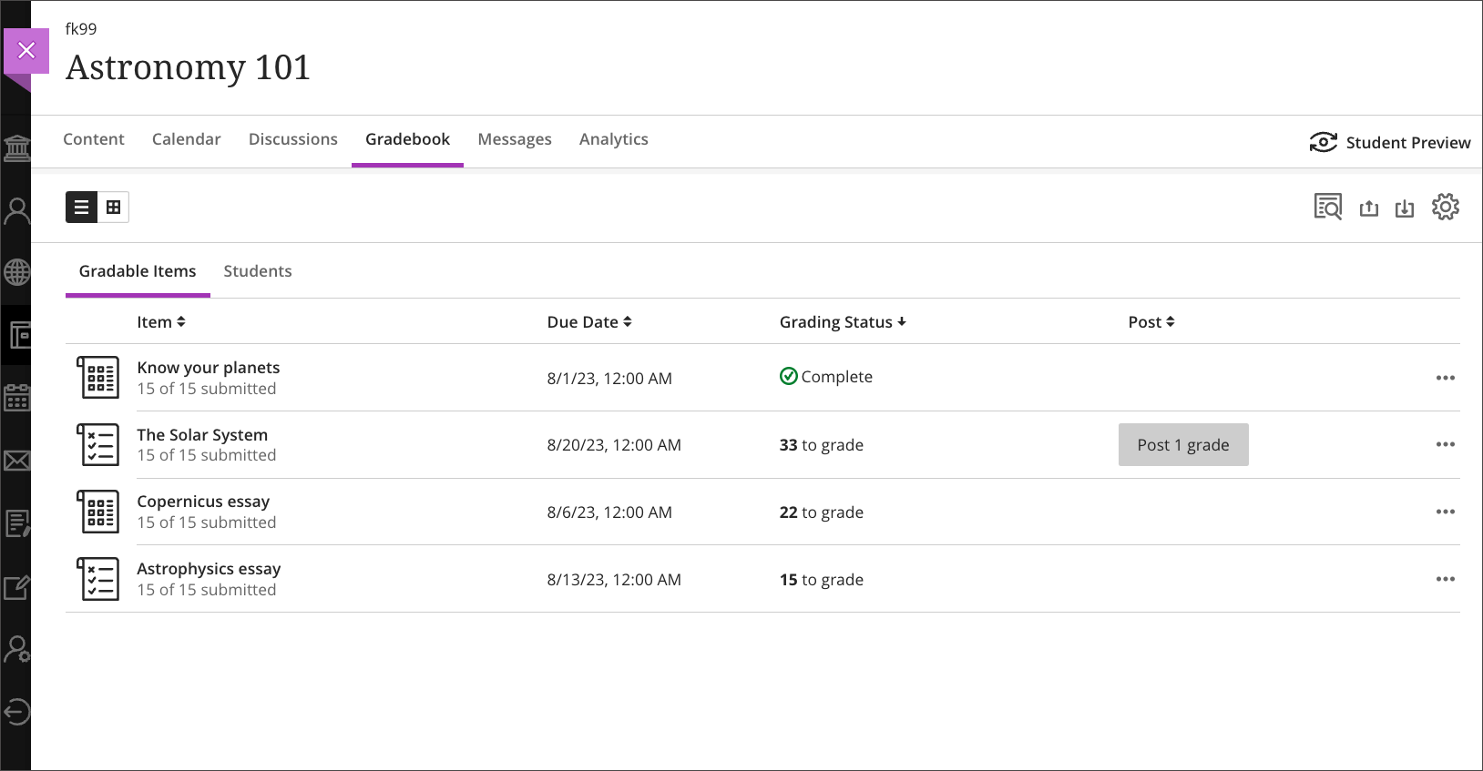 Instructor view – Sorting by Grading Status