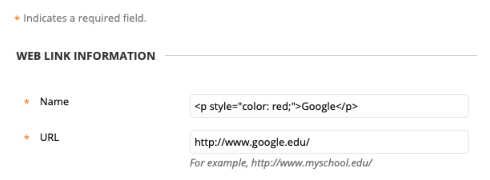 HTML in a Web Link Name Field to change its color to red