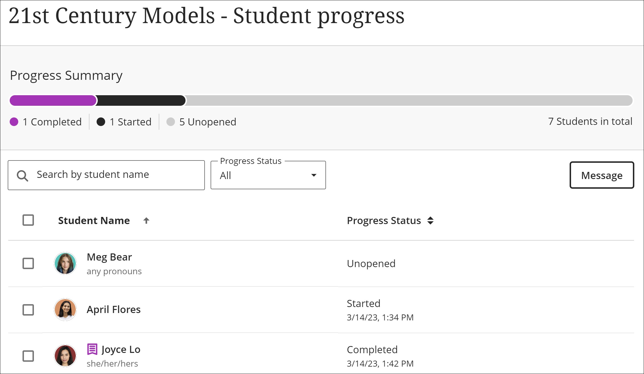 Image of the Student Progress tab underlined in purple beneath the name of the course content.