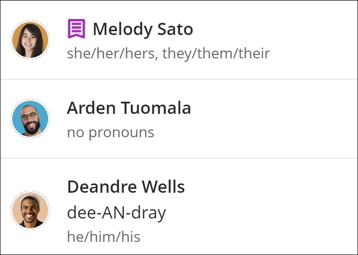 Image of the student name list. There is an purple accommodation icon, pronouns beneath each student's name, and one student who has added pronunciation.