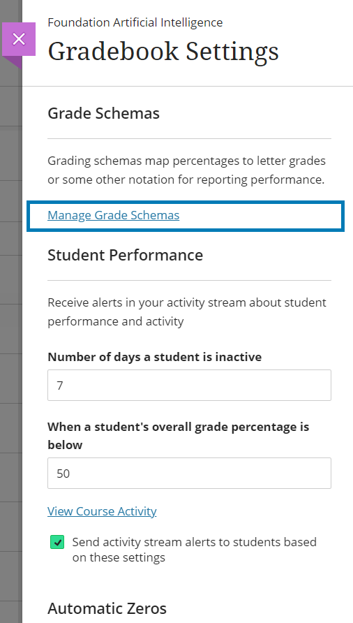 Manage grade schemas settings option