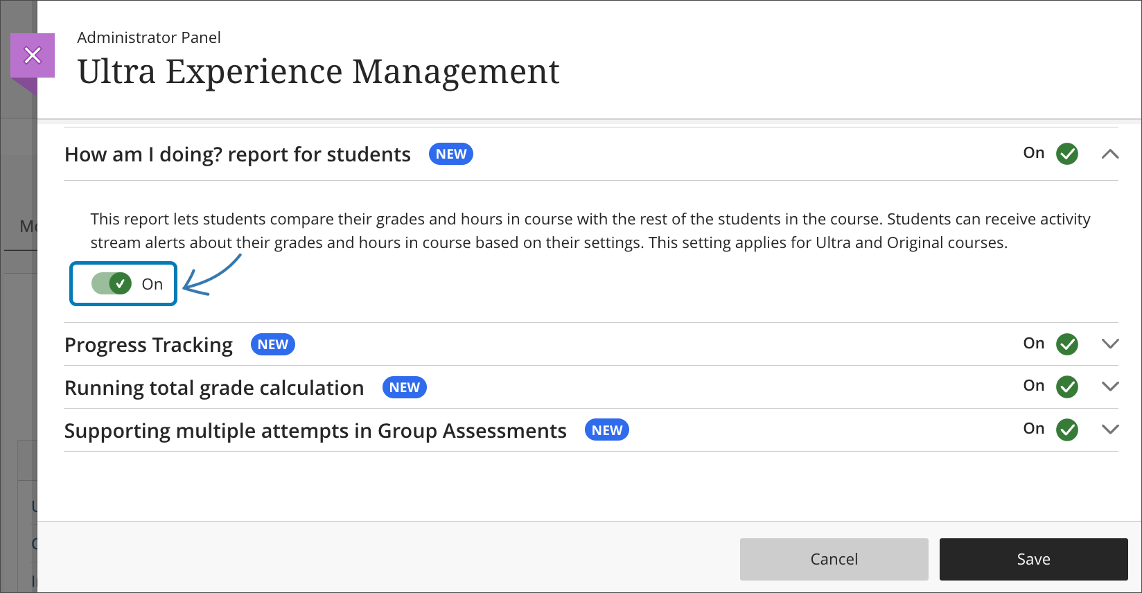 An administrator toggles the “How Am I Doing?” report for students to “Off”