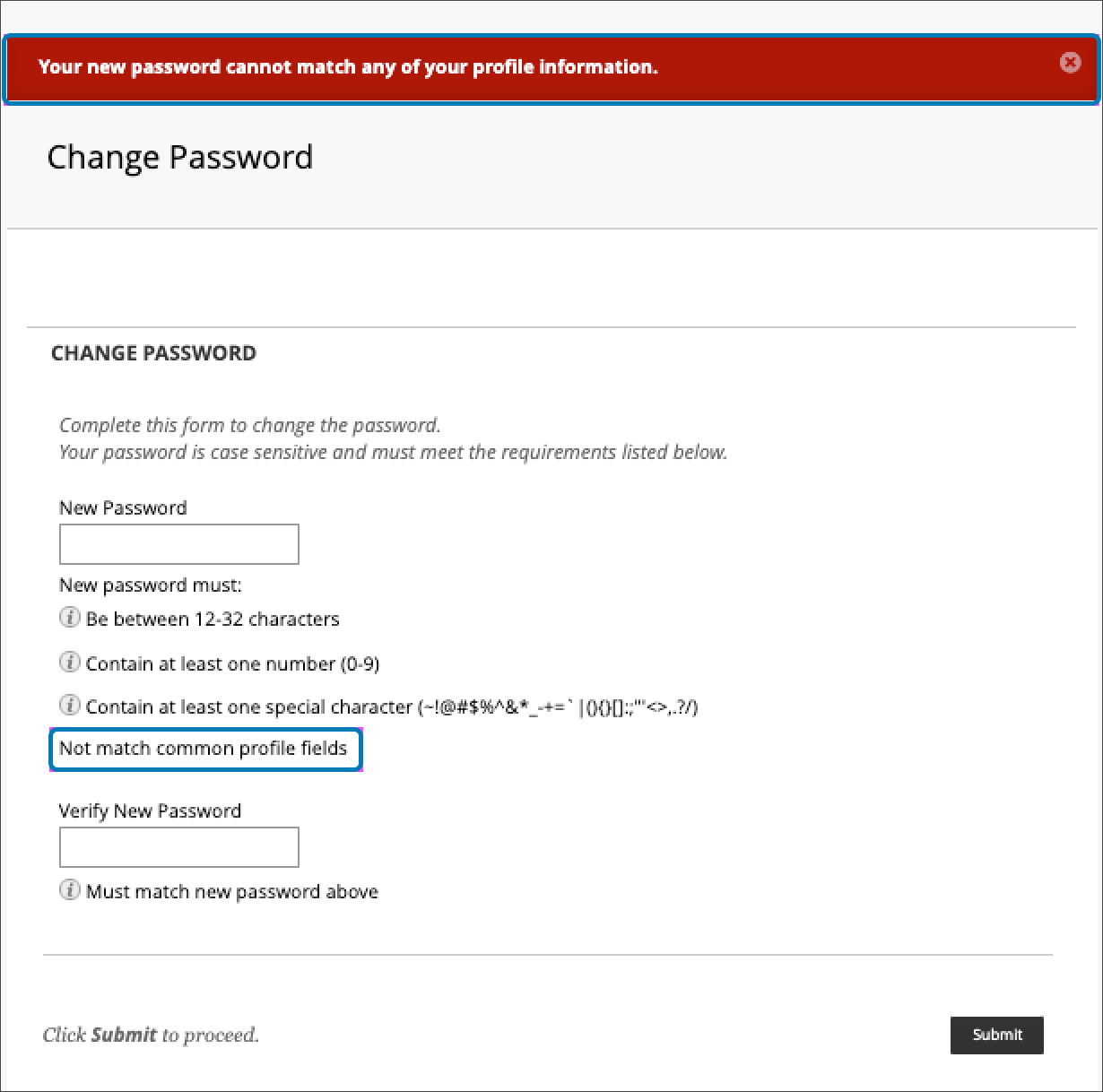 User is informed about not using profile information when changing a password