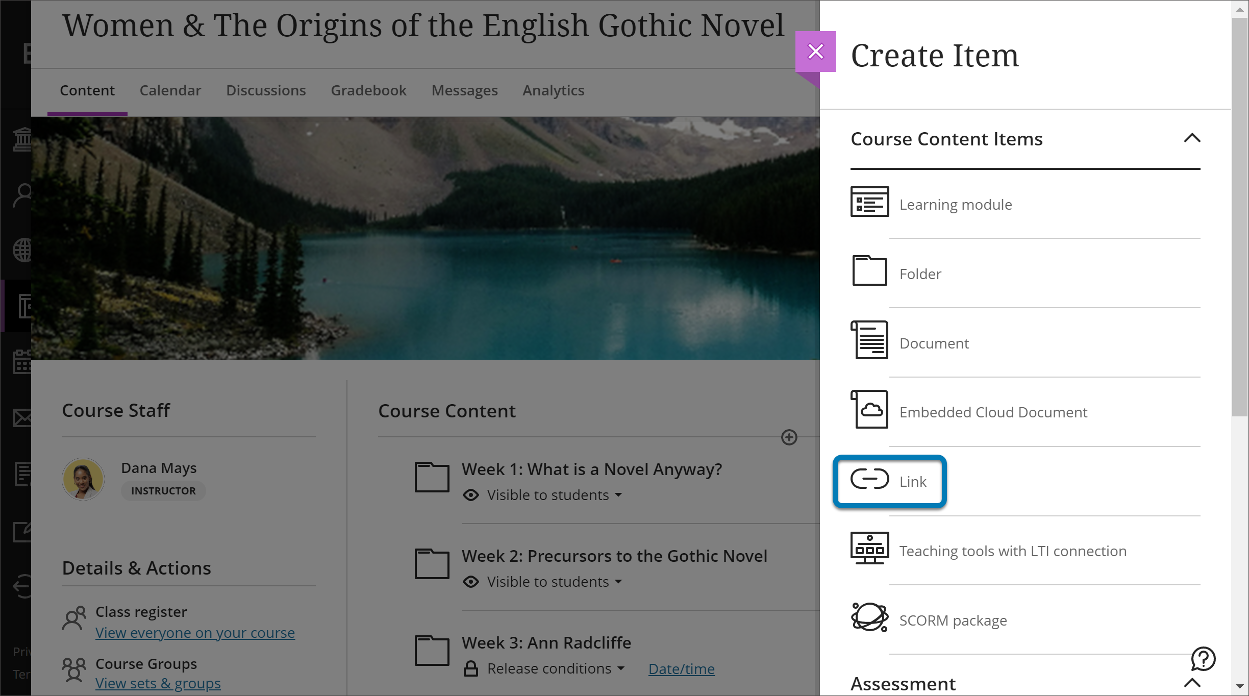 Image of Course Content page with Create Item panel open. A blue box highlights the Link option in the Create Item menu.]