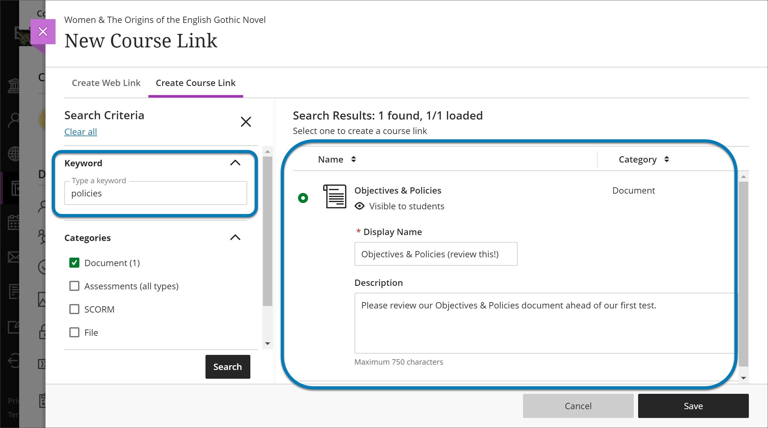 Image of Create Course Link tab with a blue box highlighting the Keyword field of the Search Criteria panel and a blue box highlighting the Search Results panel