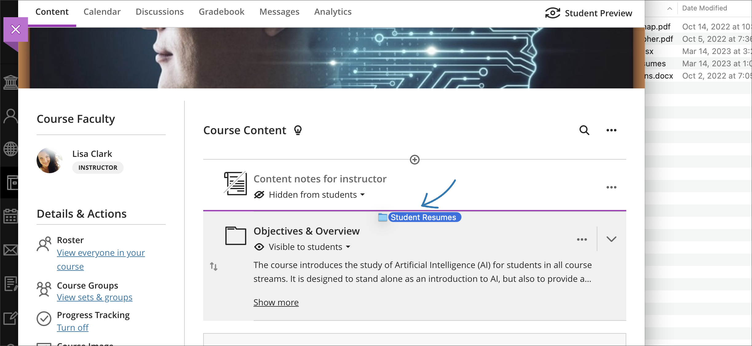 Dragging folder from computer to Course Content page