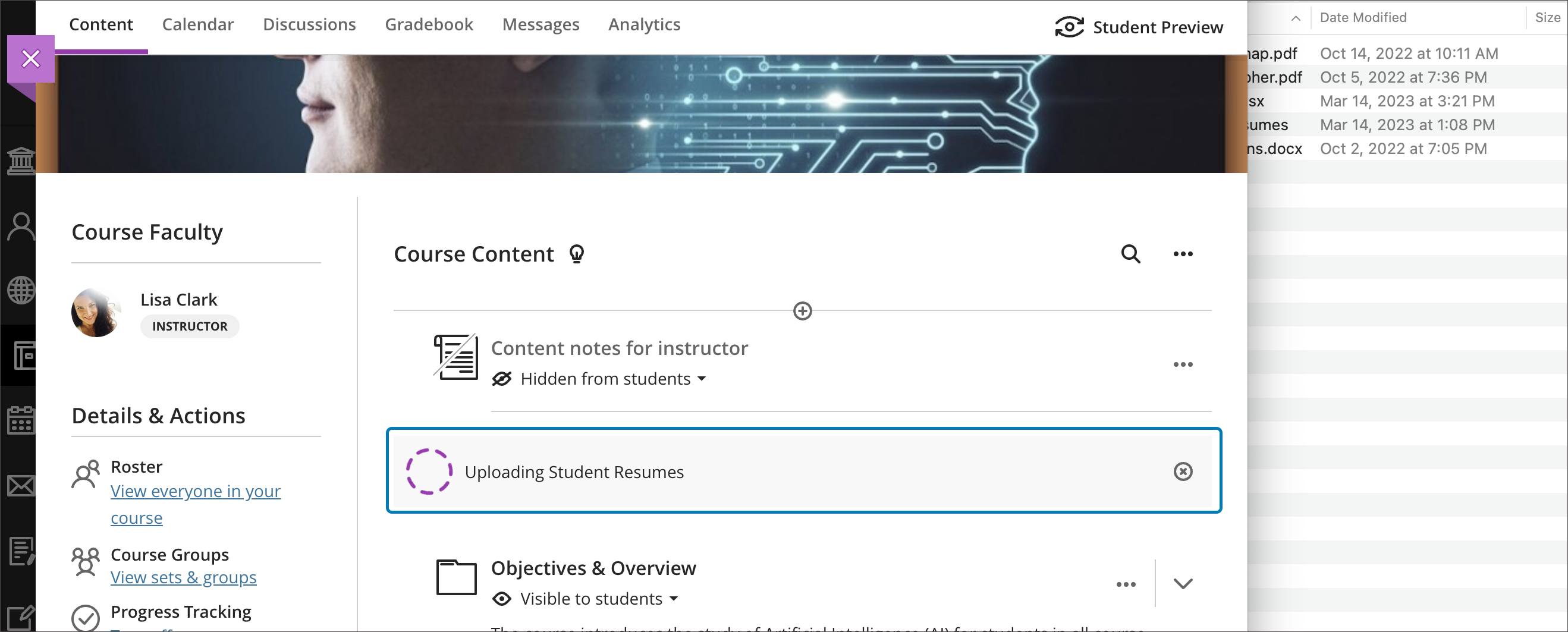 Dropped folder and files uploading to the Course Content page