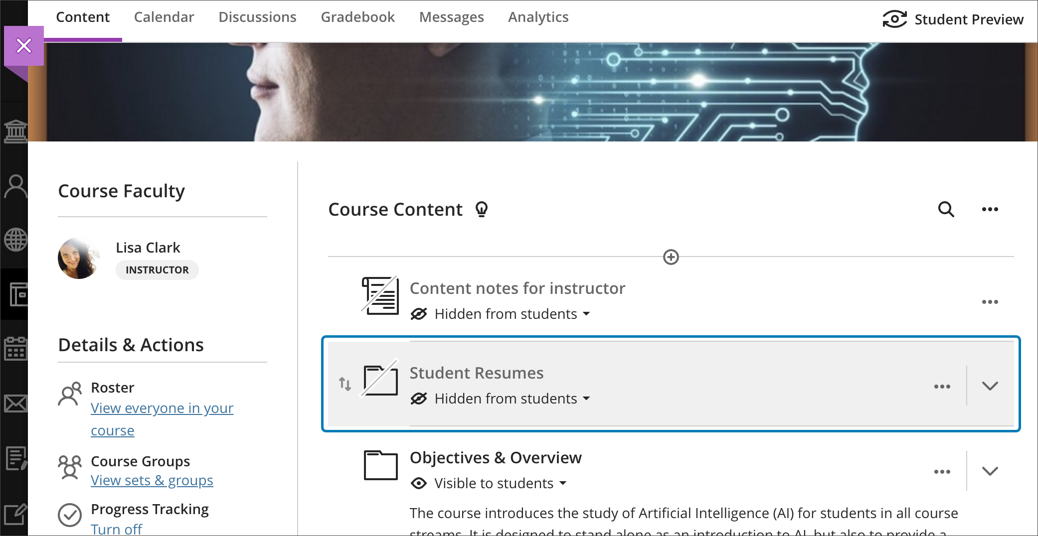 Folder added to the Course Content page