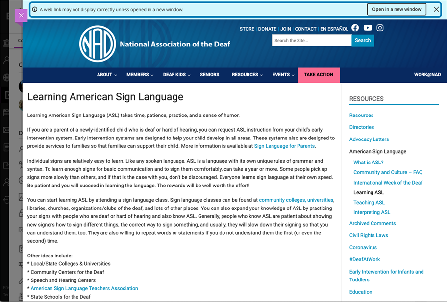  Image of an external website opened in a panel in the Ultra course. A banner appears warning the student that some content may not be displayed unless opened in a new window. 