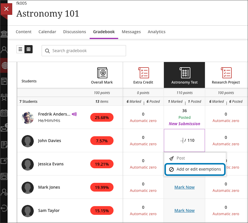 Add or edit exemption from the gradebook grid view