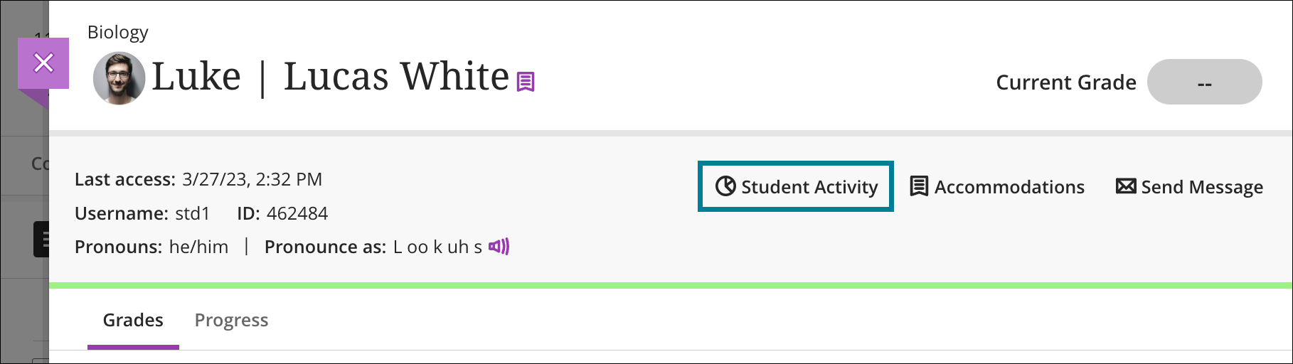 Image of the Student Overview header, with the Student Activity button outlined in blue