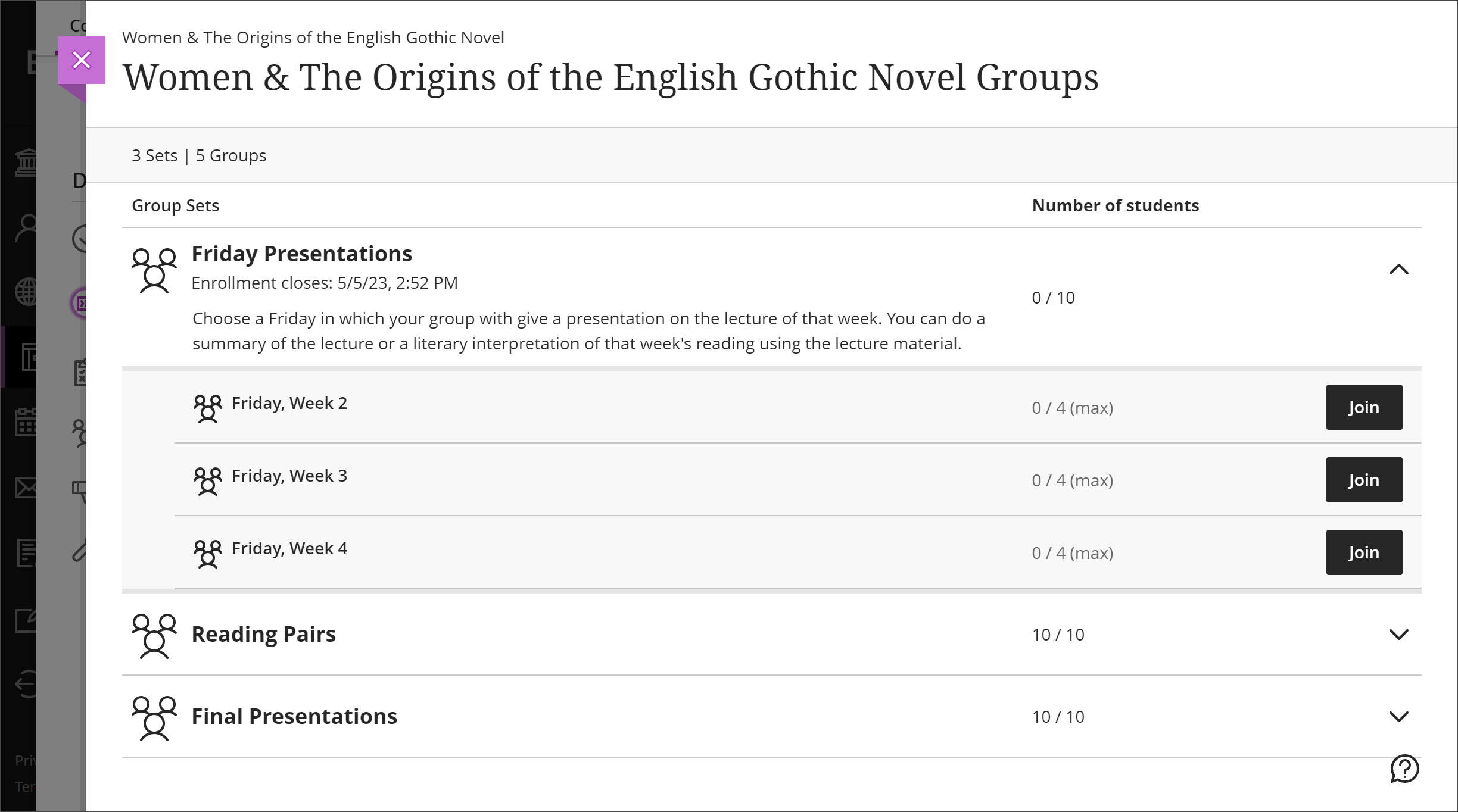 Image of Groups page with options to join a group within a group set.