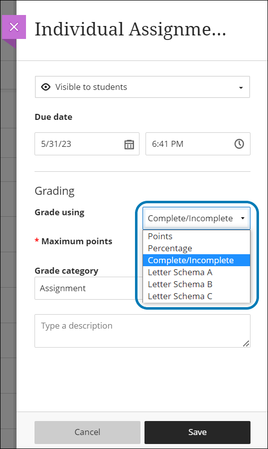 Grading schema reflected on test settings