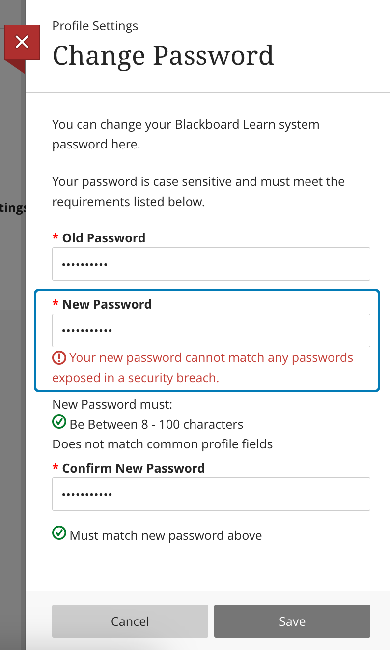 A user is informed that their proposed password was exposed in a security breach
