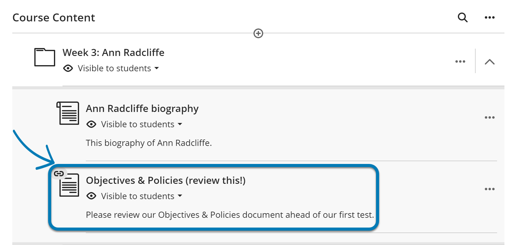Detail of Course Content page with blue box and blue callout arrow highlighting Course Link