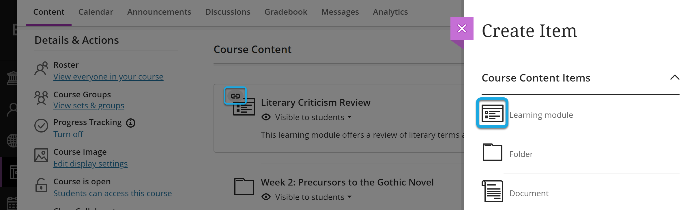 image of course link icon on Course Content page and learning module icon on Create Item panel