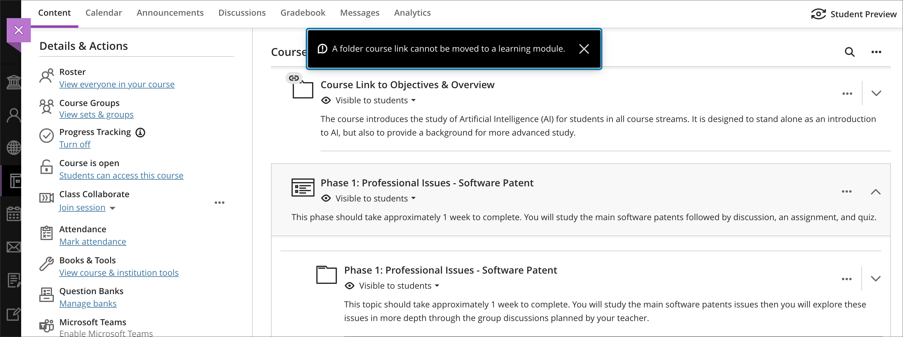 Warning message alerting an instructor that a course link to a folder cannot be moved into another learning module