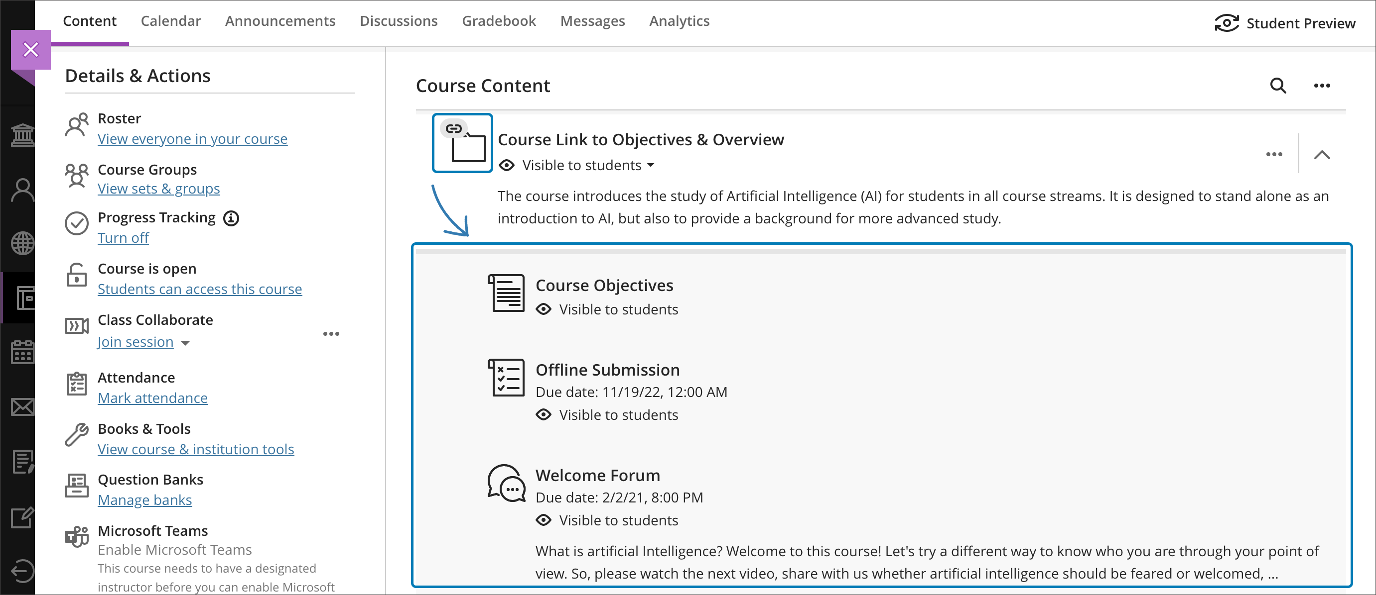 Course Link to a folder is shown as expanded, revealing the contents of the course link in a read-only view