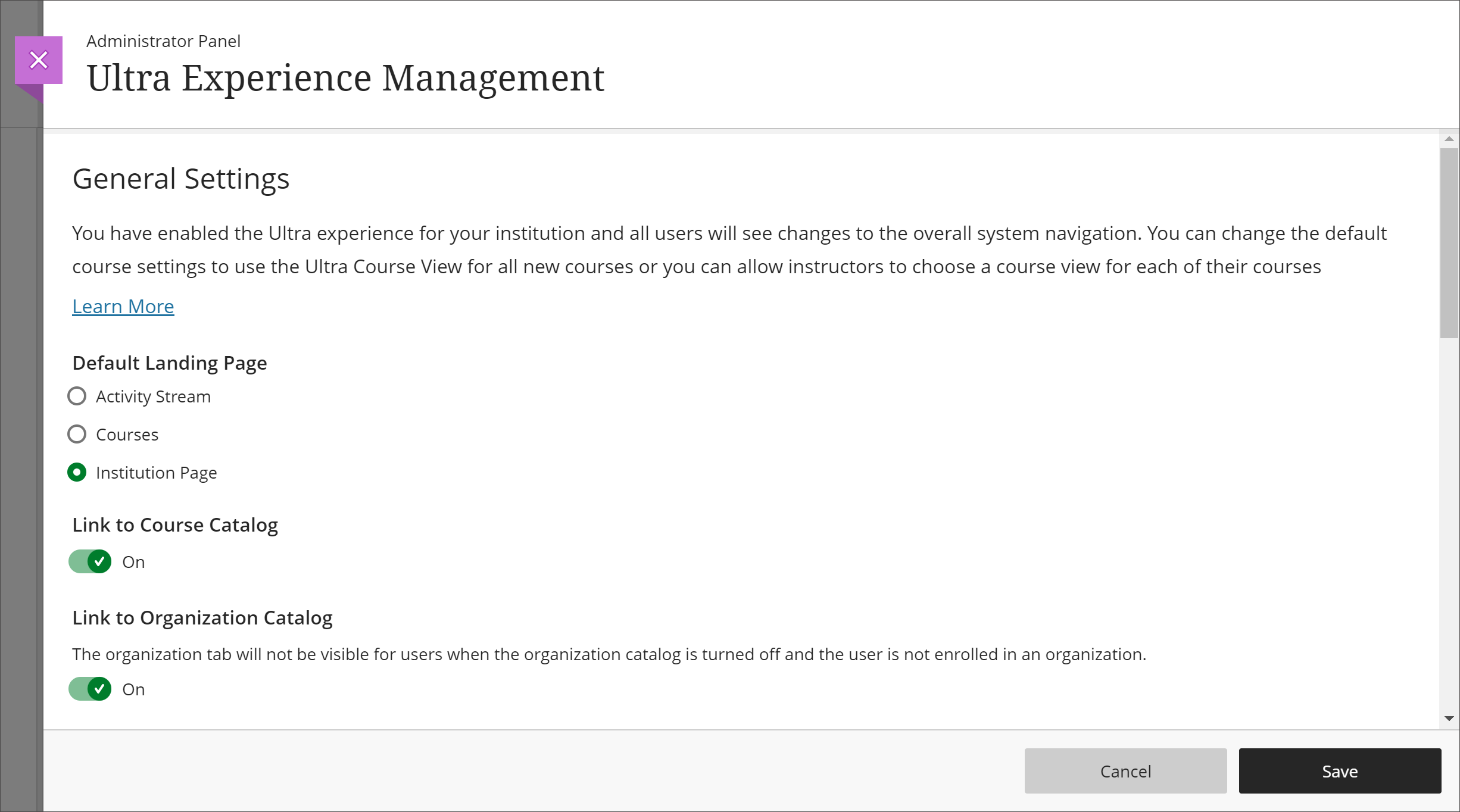 Link to Course Catalog and Link to Organization Catalogue options on Administrator Panel