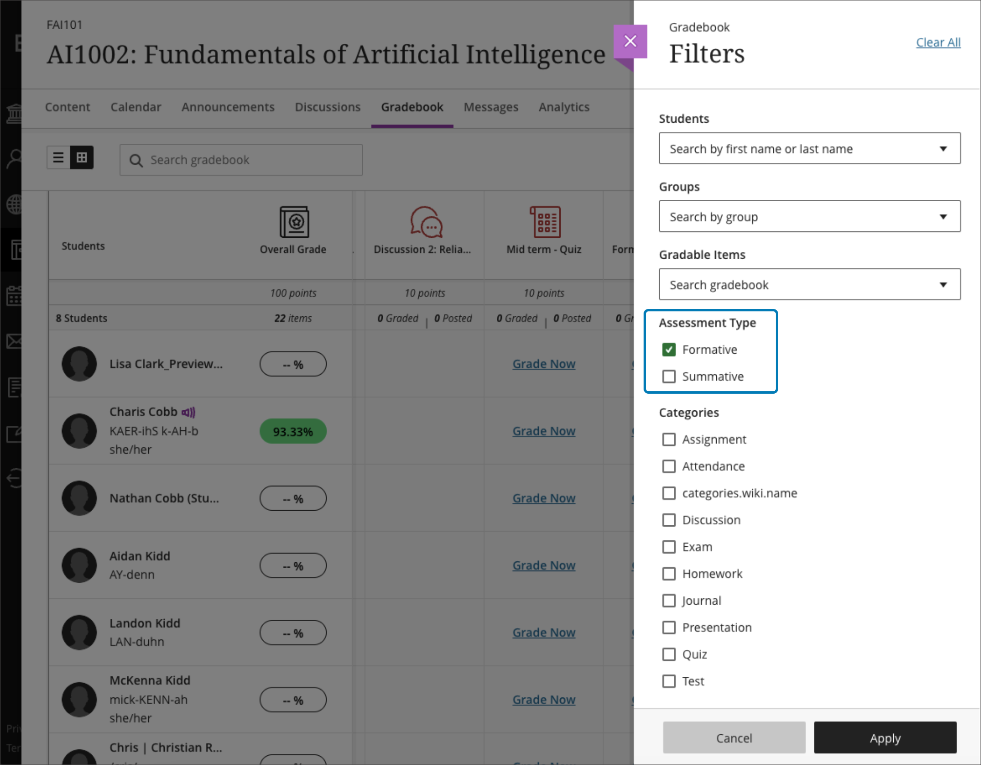 Gradebook grid view – filter option with formative assessment type selected