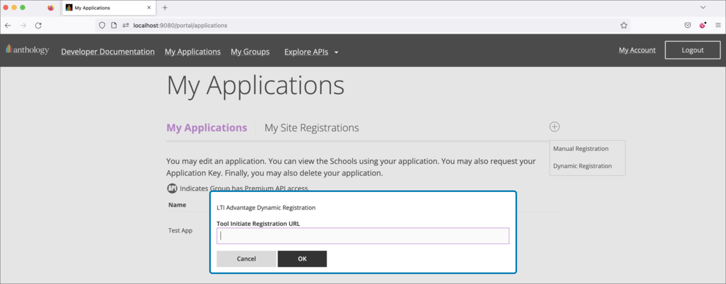 An administrator or developer enters the tool registration URL