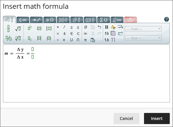 Image of the math editor showing an equation including a fraction that is partially complete, with two green boxes indicating blanks
