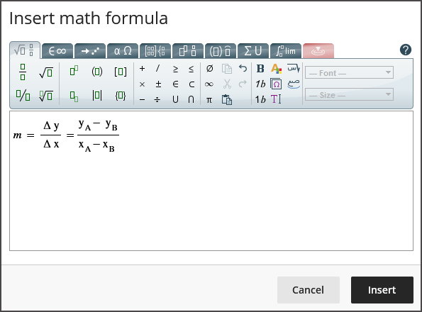 Image of a completed math equation in the math editor, showing symbols, fractions, and subscripts