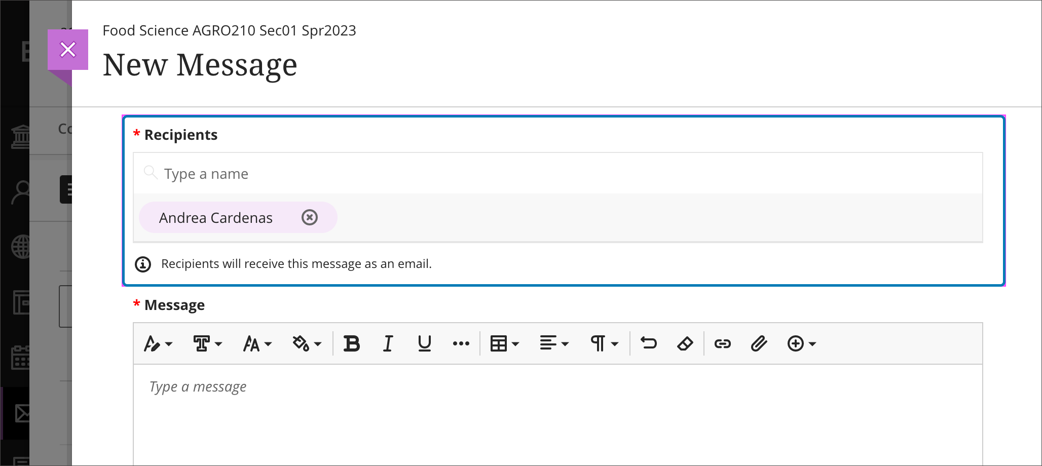 Instructors may edit recipients when sending a message as an email and the Messages tool is off