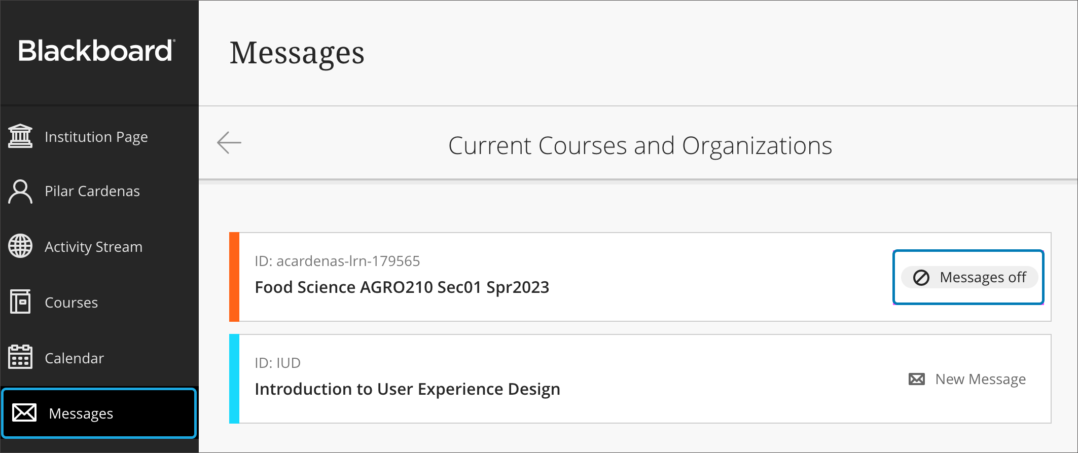 The Messages policy applied displays for each course and organization in the Ultra Base Navigation