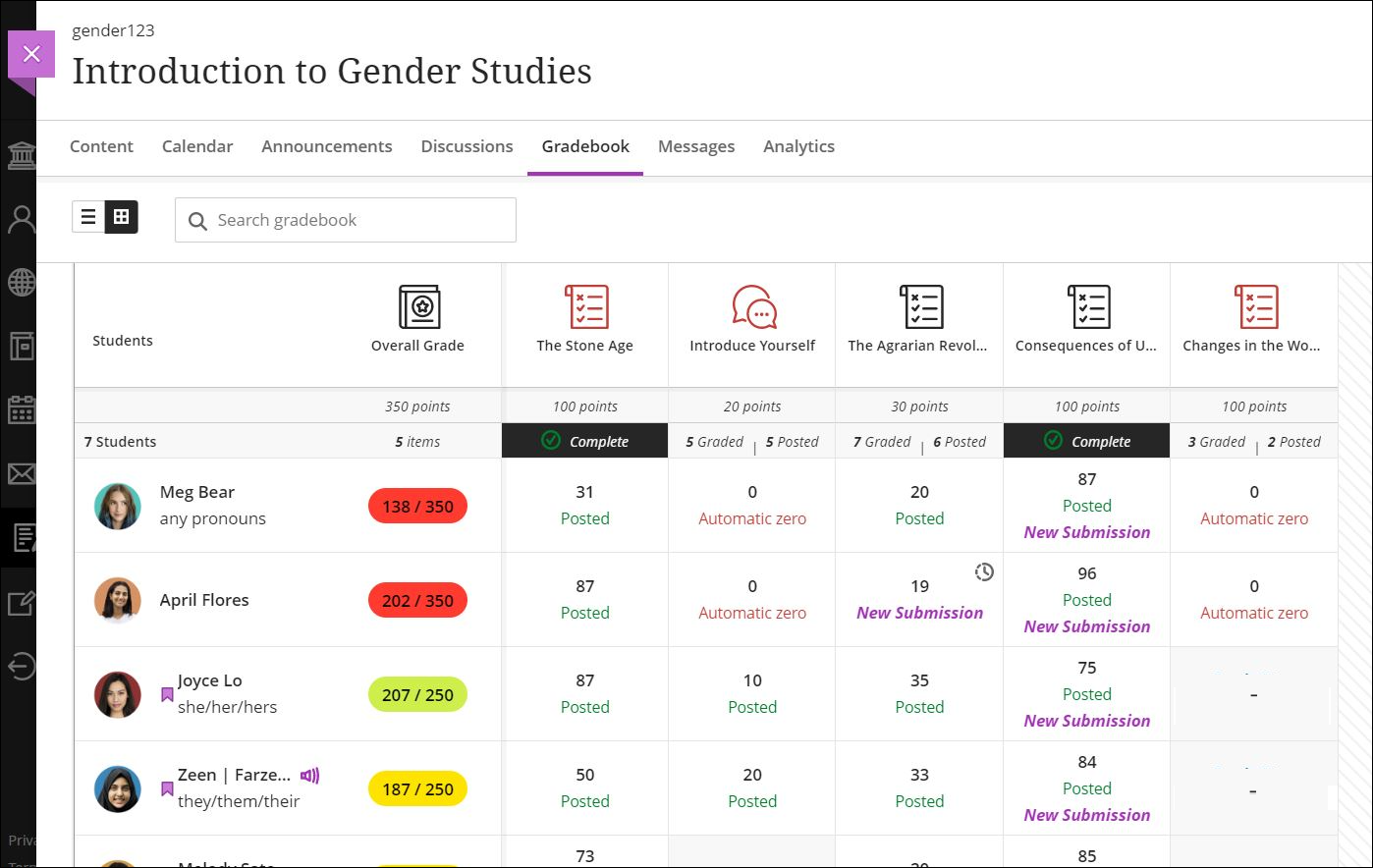 Grid view from the Gradebook