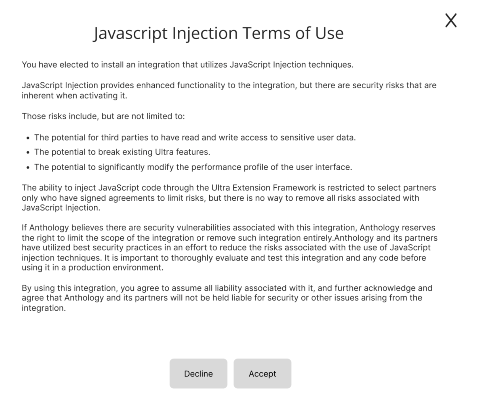 JavaScript Injection Terms of Use Warning Message