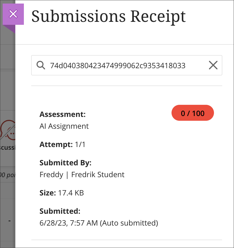 Instructor view of the submission receipt lookup; receipt displays the auto submit indicator on the student’s attempt